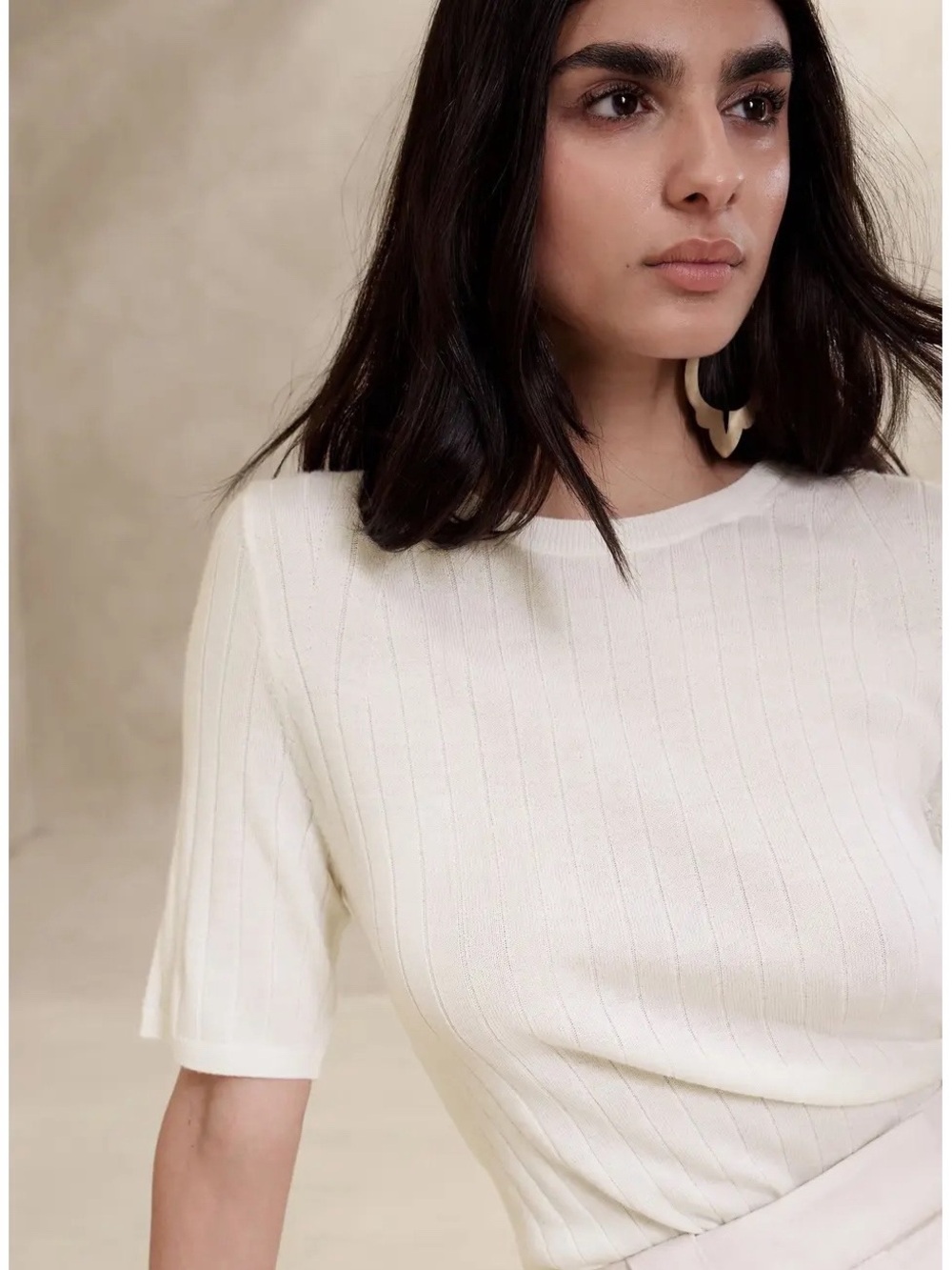 Banana Republic Nezha Merino Ribbed Sweater Top in Cream White
